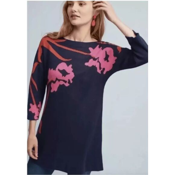 ANTHROPOLOGIE Field & Flower Megara Floral Tunic Dress Sweater Blue Pink M - Picture 1 of 5